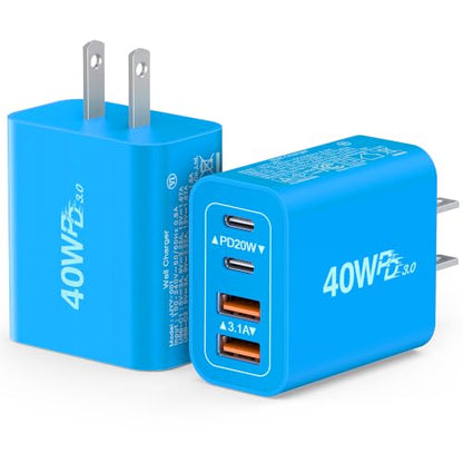 [40W/2Pack] Wall Charger,USB C Charger Block, Multi-Port PD + QC 3.0 Super Fast Charging Power Plug Adapter Brick for Watch Series 9 8 7, iPhone 17 16 15 14 13 Pro Max Airpod, Samsung Galaxy S24(Blue) - color: 40W 2Pack Light Blue