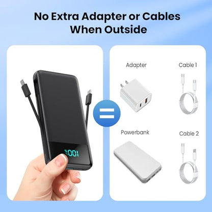 Portable Charger for iPhone,13800mAh Slim Power Bank with Built-in Cables & AC Wall Plug,All in One 4 Outputs USB C Fast Charging Battery Pack Powerbank for iPhone 18/17/16/15,Android,Travel Essential - color: Black