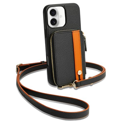 LAMEEKU Compatible with iPhone 16 Wallet Case with Card Holder, Zipper Leather Crossbody Case with Phone Grip Holder Stand Wrist Strap for Women 6.1 inch Black - color: Black, size: iPhone 16 6.1''