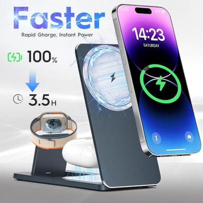 3-in-1 Wireless Charging Station, Foldable Magnetic Charger Stand Compatible with iPhone, Apple Watch, Apple Earphone, 15W Fast Charging, Portable Travel Dock