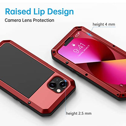Lanhiem for iPhone 13 Metal Case, Heavy Duty Shockproof Tough Rugged Case with Built-in Glass Screen Protector, 360 Full Body Protective Cover for iPhone 13 6.1 inch, Red - color: Red