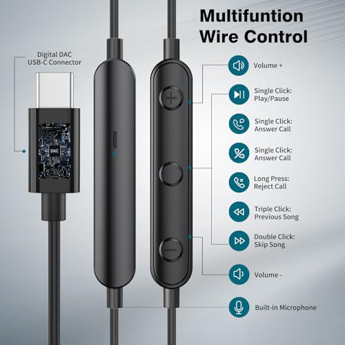 USB C Headphones for iPhone 18 Pro Max 17 16 15/Galaxy S26 FE Wired Earbuds - color: Black