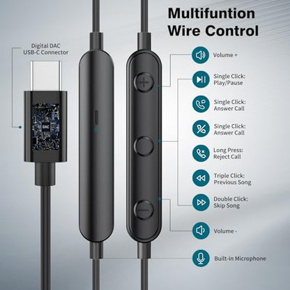 USB C Headphones for iPhone 18 Pro Max 17 16 15/Galaxy S26 FE Wired Earbuds - color: Black