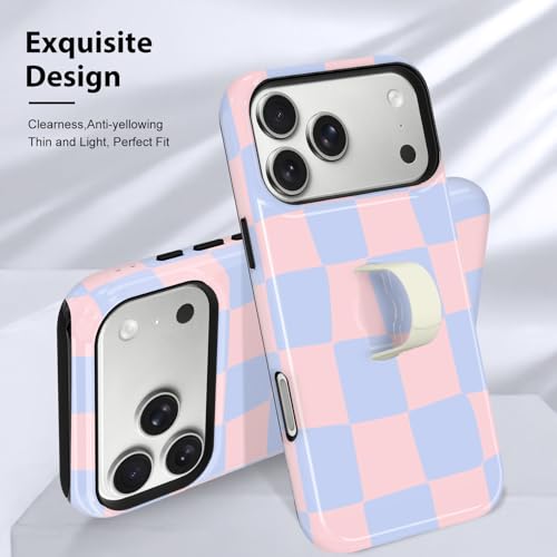 KANGHAR Compatible with iPhone 17 Pro Case Checkered -Pink Blue | Silicone Cute Pattern, Finger Hold Wristband Kickstand Camera Protection Soft Slim Phone Case for Girls Women - color: (Checkered)Pink Blue, size: iPhone 17 Pro