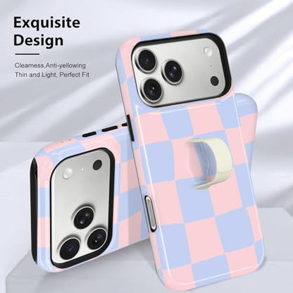 KANGHAR Compatible with iPhone 17 Pro Case Checkered -Pink Blue | Silicone Cute Pattern, Finger Hold Wristband Kickstand Camera Protection Soft Slim Phone Case for Girls Women - color: (Checkered)Pink Blue, size: iPhone 17 Pro