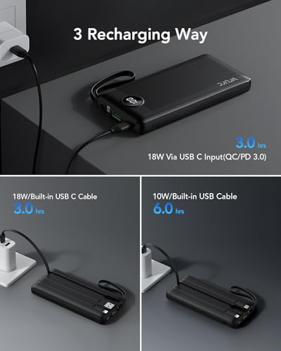 VRURC Portable Charger, 20W PD Fast Charging Power Bank Built in 4 Cables - color: Black