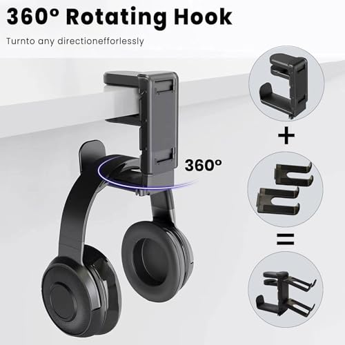 Rotating Headphone Stand with 360° Swivel - Adjustable Clamp-on Under Desk Headset Holder, Universal Gaming & Office Headphone Hanger - color: Pink