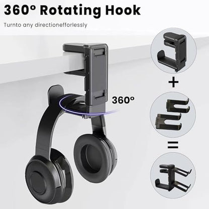 Rotating Headphone Stand with 360° Swivel - Adjustable Clamp-on Under Desk Headset Holder, Universal Gaming & Office Headphone Hanger - color: Pink