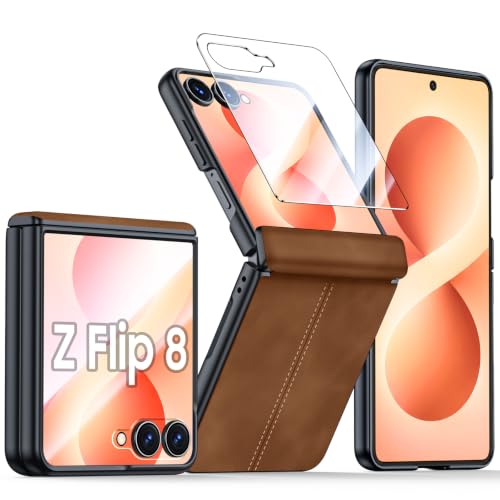 for Galaxy Z Flip 8 Case with Hinge Protection & Screen Protector | Ultra-Thin PU Leather Matte PC Shockproof Cover, Slim Protective Phone Case for Galaxy Z Flip 8-Brown - color: Brown, size: Z Flip 8