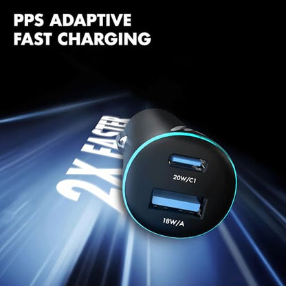 PD 20W Wozoyo Car Charger with Type-C & USB A,Power Delivery, PPS & QC 3.0, Dual Port Fast Charging (20W + 18W), 12V–24V Compatible, Multi-Layer Protection, 2-Years Manufacturer Warranty