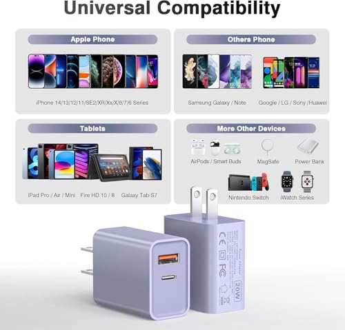 iPhone 16/15 Charger, USB C [3 Pack] Dual Port QC + PD Wall Charger Block With USB A Quick Charging Brick Plug for Apple iPhone 16/16 Pro Max/16 Plus/15/14/13/12/11/X/iPad - Purple - color: Purple