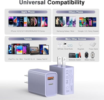 iPhone 16/15 Charger, USB C [3 Pack] Dual Port QC + PD Wall Charger Block With USB A Quick Charging Brick Plug for Apple iPhone 16/16 Pro Max/16 Plus/15/14/13/12/11/X/iPad - Purple - color: Purple