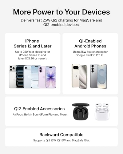 Belkin Qi2 25W Magnetic Wireless Charging Pad, Fast Charging, No Adapter - color: White, style: No Power Supply Included