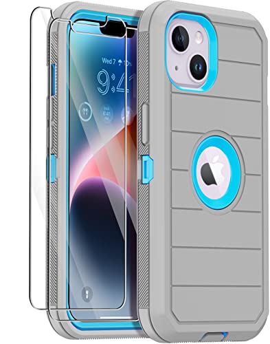 for iPhone 14 Case with 2 Screen Protector,Full Body Shockproof Drop Protection Dust Proof Heavy Duty 3-Layer Rugged Durable Military Grade Cover for Apple iPhone 14 6.1" (Gray/BlueⅡ) - color: Gray/BlueⅡ