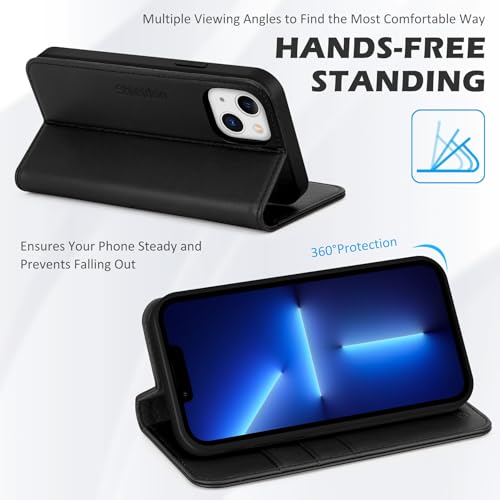 SHIELDON Genuine Leather Folio Wallet Case for iPhone 13 6.1" 2021, Black | Magnetic Closure, RFID Blocking, Credit Card Holder, Kickstand, Book Design, Shockproof Phone Cover - color: Black