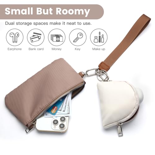 Mini Zip Around Wristlet Wallet, Dual Pouch Keychain Coin Purse for Women | Phone wallet design, detachable pouches, waterproof nylon, zipper closure, card holder, travel and daily essentials organizer - color: Khaki+Brown