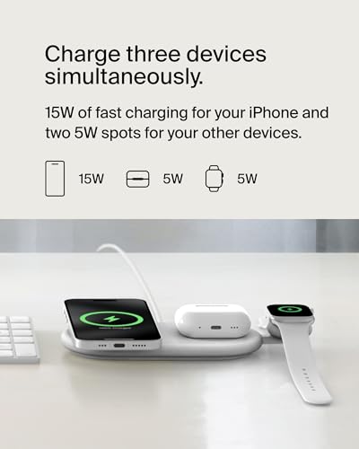 Belkin Qi2 15W Magnetic Wireless Charging Pad, 3 in 1 Fast Charger - color: White, style: 3 in 1