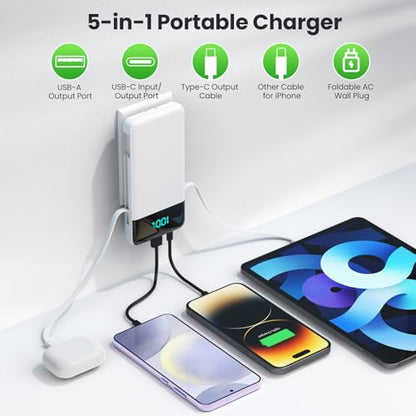 Portable Charger with Built-in AC Plug and Cables,13800mAh All in One USB C Fast Charging Power Bank,Travel Essentials Portable Phone Charger Battery Pack for iPhone 17/16/15/14,Galaxy,Android-White - color: White