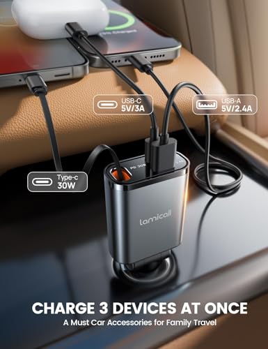 Lamicall Retractable Car Charger USB C 57W Charging for iPhone 18 17 16 Duo - color: Dark grey