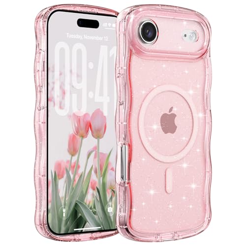 FABSPARK Glitter Case for iPhone Air,Fit for MagSafe,Pink | Magnetic Curly Wavy Frame | Sparkly Bling Glitter | Transparent Clear Acrylic Hard PC for iPhone Air,Pink - color: Glitter Clear Pink, size: for iPhone Air