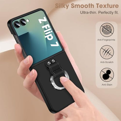 Z Flip 7 Case for Samsung Galaxy Z Flip7 5G, Ring Case for Women Silky Touch Slim Hard PC Matte Back Cover Ultra Thin Z Flip 7 Phone Case Anti-Scratch Protective Cases for Samsung Z Flip 7 5G (Black) - color: Black