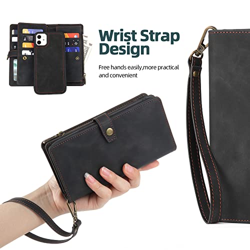 TwoHead for iPhone 11 Wallet case with 11 Card Holder (Black) | Detachable Magnetic Phone Case, PU Leather Wallet for Women/Men,Wireless Charging Compatible,with Wrist Strap - color: Black