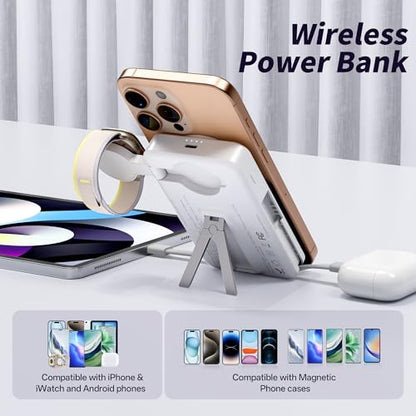 Magnetic Portable Charger Built-in Cables,10000mAh Fast Charging Wireless Charger Station External Battery Pack Slim Pocket Size Power Bank with Stand Compatible with iWatch, iPhone - color: White
