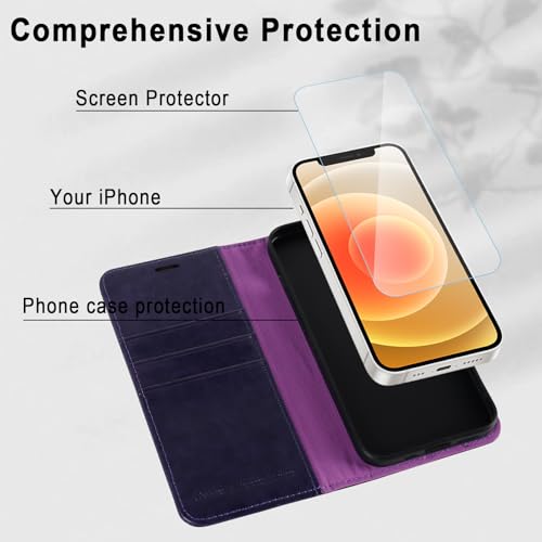MONASAY Wallet Case Compatible for iPhone 12 mini 5G 5.4-inch,[Glass Screen Protector Included] [RFID Blocking] Flip Folio Leather Cell Phone Cover with Credit Card Holder, Purple - color: Purple