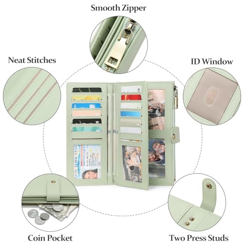 GAEKEAO Wallets for Women Leather RFID Blocking Large Capacity Card Case Ladies Wristlet Clutch Wallets Zipper Pocket with 4 ID Windows 20 Card Slots - color: Light Green