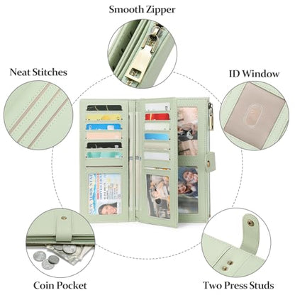 GAEKEAO Wallets for Women Leather RFID Blocking Large Capacity Card Case Ladies Wristlet Clutch Wallets Zipper Pocket with 4 ID Windows 20 Card Slots - color: Light Green