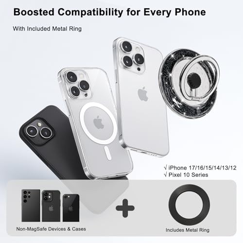 Magnetic Phone Ring Holder for MagSafe, Glitter Magnet Finger Ring Grip Stand Holder, 360° Rotation Fit for iPhone 17 16 15 14 13 12, Pro, Pro Max, Plus, Mag Safe Accessories, All Black - color: Black&Black