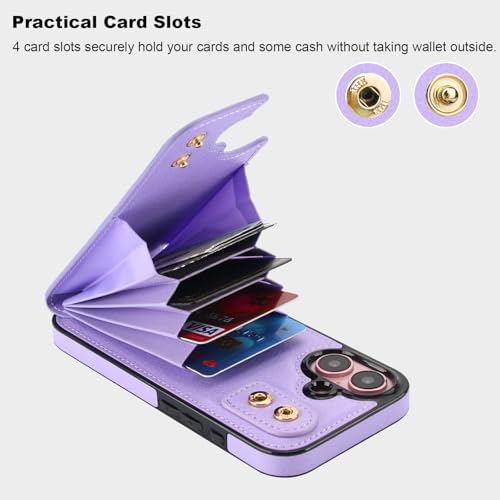 Folosu Compatible with iPhone 16 Case Wallet with Card Holder, 360°Rotation Finger Ring Holder Kickstand, RFID Blocking Leather Protective Double Buttons Shockproof Cover 6.1 Inch Purple - color: Purple