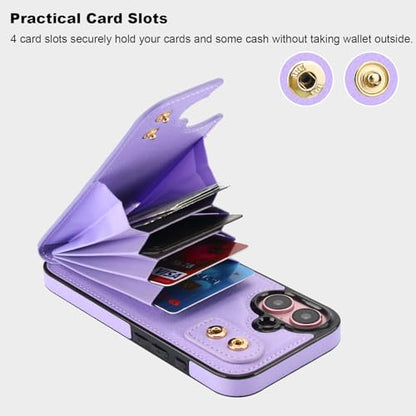 Folosu Compatible with iPhone 16 Case Wallet with Card Holder, 360°Rotation Finger Ring Holder Kickstand, RFID Blocking Leather Protective Double Buttons Shockproof Cover 6.1 Inch Purple - color: Purple