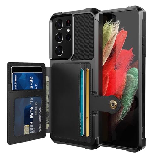 for Samsung Galaxy S21 Ultra Case with Card Holder, Compatible with Magnetic Car Mount, Heavy Duty Shockproof Rugged Soft TPU Back Leather Flip Wallet Cover 6.8 inch, Black - color: Black, size: Samsung Galaxy S21 Ultra