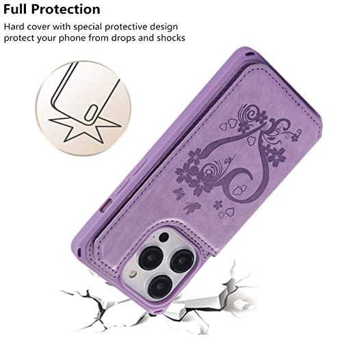 iCoverCase Compatible with iPhone 14 Pro Wallet Phone Case with Card Holder for Women, RFID Blocking Embossed PU Leather Wrist Strap Case 6.1 Inch (Heart Purple) - color: H-Purple