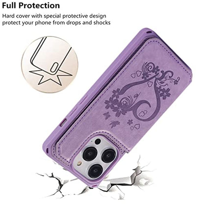 iCoverCase Compatible with iPhone 14 Pro Wallet Phone Case with Card Holder for Women, RFID Blocking Embossed PU Leather Wrist Strap Case 6.1 Inch (Heart Purple) - color: H-Purple