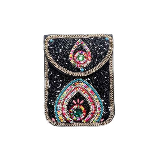 Women's Mobile Phone Bag, Cellphone Pouch, Retro Beads Shoulder Bag, Handcrafted Embellished Clutch Purse, Beaded Design - color: 14a