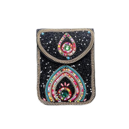 Women's Mobile Phone Bag, Cellphone Pouch, Retro Beads Shoulder Bag, Handcrafted Embellished Clutch Purse, Beaded Design - color: 14a
