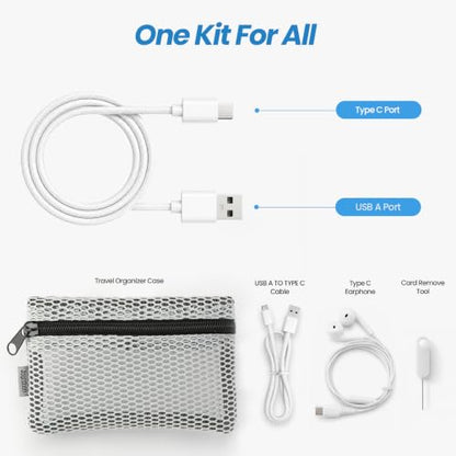 USB-C Earbuds Wired Headphone, USB Charging Adapter Cable Kit with 100cm Cable, Portable Storage Pouch, All-in-One Digital Accessory Kit for Travel, iPhone, Android - size: USB A TO C Cable