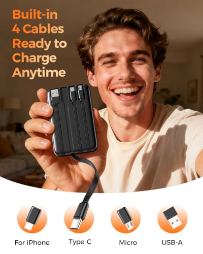 Portable Charger 10000mAh with 4 Built-in Cables 40% Smaller - color: Black