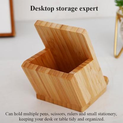 Bamboo Wood Pen Holder & 15W Dual-Coil Wireless Charger – Solid Bamboo Desk Organizer with Phone Stand, Eco-Friendly Office & Study Accessory for Students & Professionals