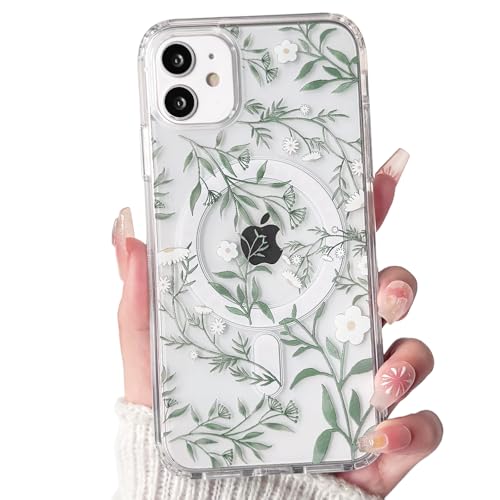 Lovmooful Magnetic for iPhone 11 Case Cute Flower-Green Leaves | Compatible for MagSafe,Clear Floral,with Aesthetic Design,for Girls Women,Soft TPU+PC,Shockproof,Protective,Girly - color: Green Leaves, size: iPhone 11
