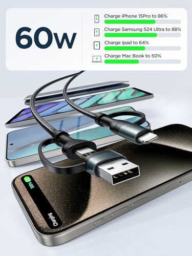 4 in 1 Charging Cable 6.6FT, 60W USB C to Lightning Cable, USB A/C to C/Lightning Multi Charging Cable Fast Charging for iPhone 17Air 16 15 14 13 12 Pro Max/MacBook Pro/iPad/Samsung S25 S24/ Switch 2 - color: Grey