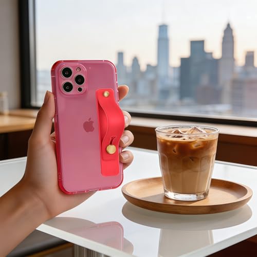 Strap Case for iPhone 12 Pro Max with Stand, Neon Magenta | Wrist Strap Kickstand, Adjustable Finger Hand Grip Loop, Slim Transparent Anti-Scratch Back, Soft Bumper Phone Cover - color: Neon Magenta, size: iPhone 12 Pro Max
