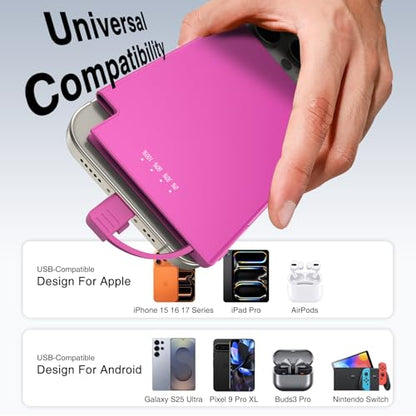 TNTOR Portable Charger with Built in USB-C Cable Ultra Slim Credit Card Size Power Bank for Pocket Wallet Battery Pack Compatible with iPhone 15 16 17 Series/Samsung/Google/Android etc