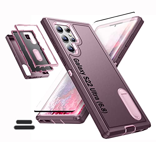 Case is Specially Designed for Galaxy S22 Ultra 6.8 Inch, Full Body Protection Heavy Duty Shock Absorbing 3 in 1 Silicone Rubber Built-in Stand with 1 Tempered Screen Protectors-Wine/Pink - color: Wine/Pink