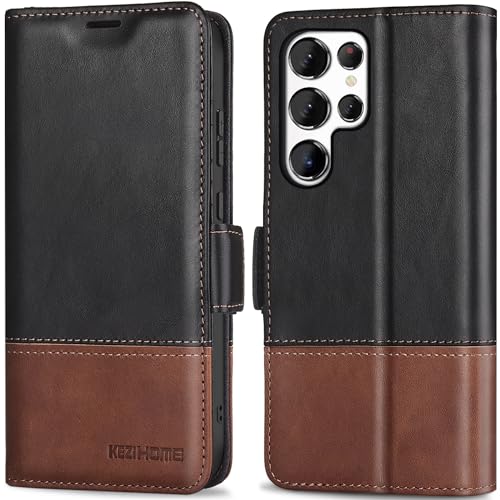 KEZiHOME Genuine Leather Wallet Case for Samsung Galaxy S25 Ultra | Black/Brown, RFID Blocking, S25 Ultra Wallet Case, Card Slot, Flip, Magnetic Stand Phone Cover Compatible with S25 Ultra - color: Black/Brown, size: Galaxy S25 Ultra Case