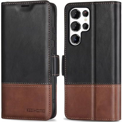 KEZiHOME Genuine Leather Wallet Case for Samsung Galaxy S25 Ultra | Black/Brown, RFID Blocking, S25 Ultra Wallet Case, Card Slot, Flip, Magnetic Stand Phone Cover Compatible with S25 Ultra - color: Black/Brown, size: Galaxy S25 Ultra Case