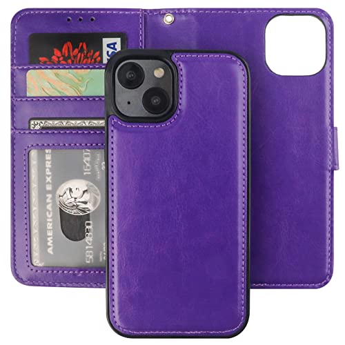 Bocasal Detachable Wallet Case Card Holder for iPhone 14, Purple | RFID Blocking Kickstand Card Slots Holder PU Leather Magnetic Shockproof Wrist Strap Removable Flip Protective Cover 6.1 inch - color: Purple