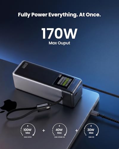 Laptop Power Bank 170W Fast Charging, 25000mAh Portable Charger for MacBook - color: Black